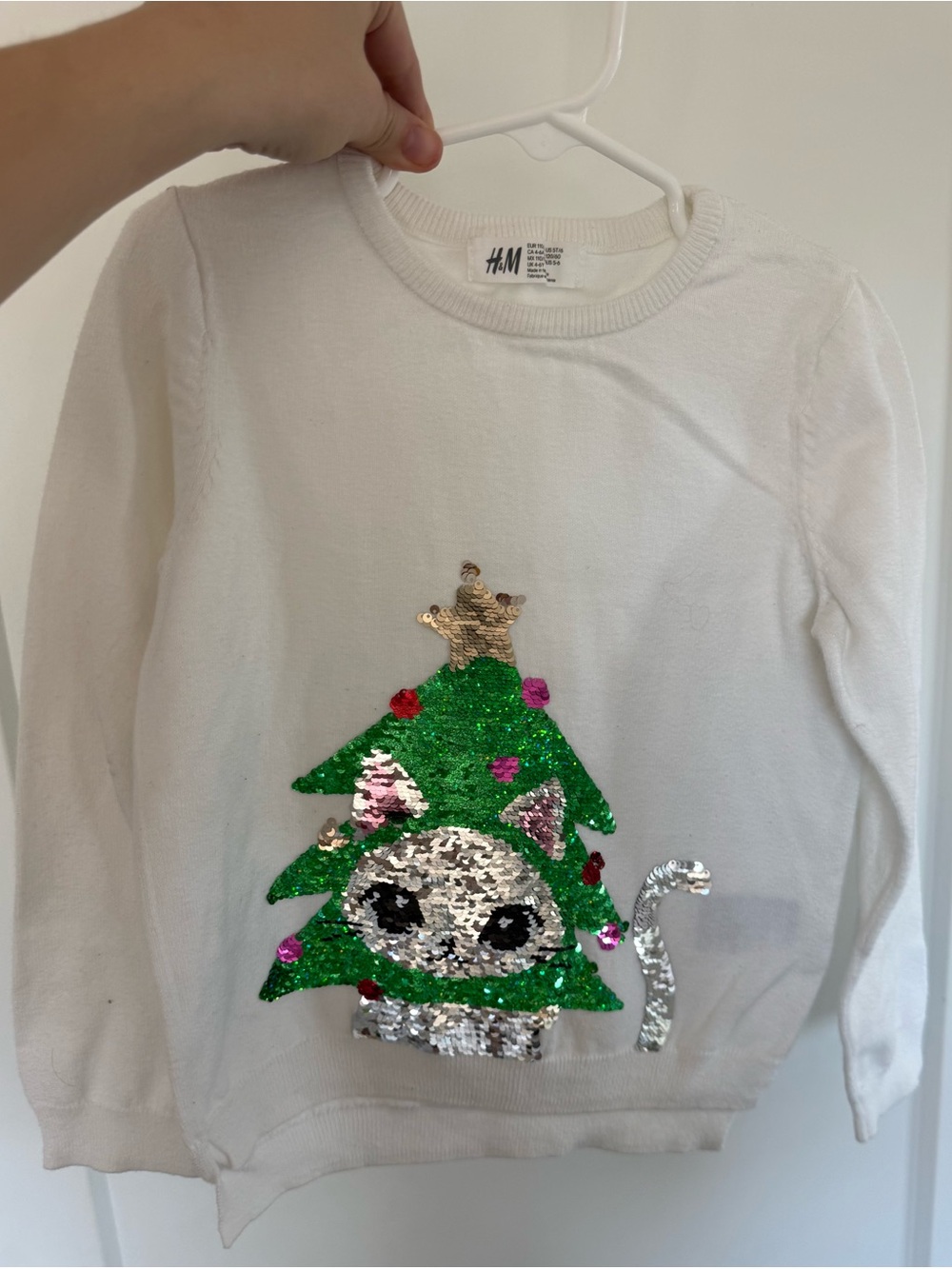 H&M Girls' White Sequin Cat Tree Long-Sleeve Top, 5T